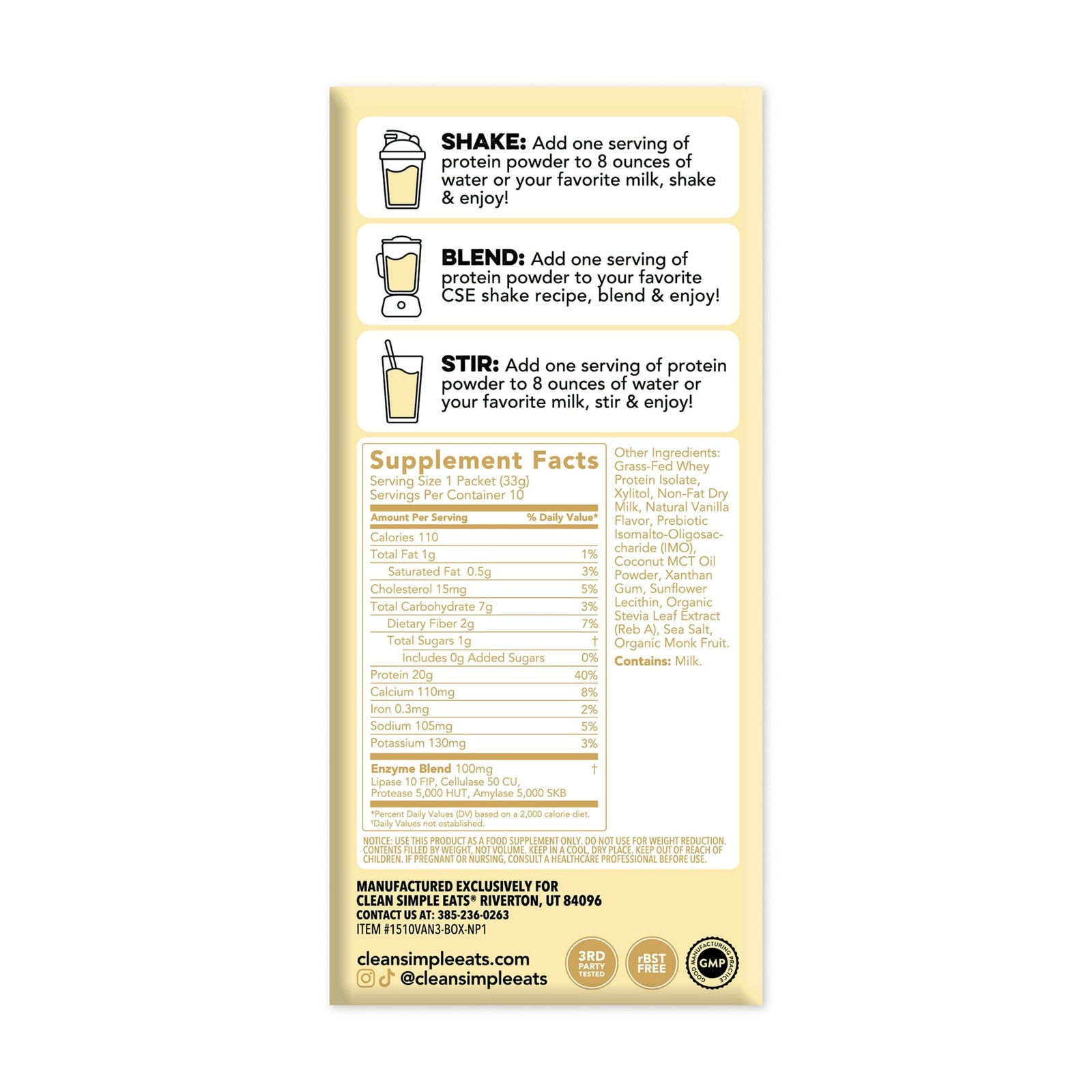 Clean Simple Eats Protein Powder Simply Vanilla~10 Stick Packs
