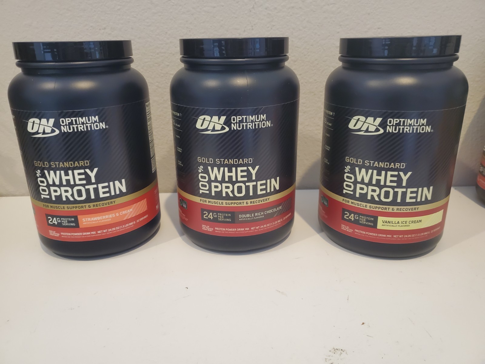 Lot of 3×24 oz Optimum Nutrition 100% Whey Protein, Straw, Choc, Van, Exp 10/27