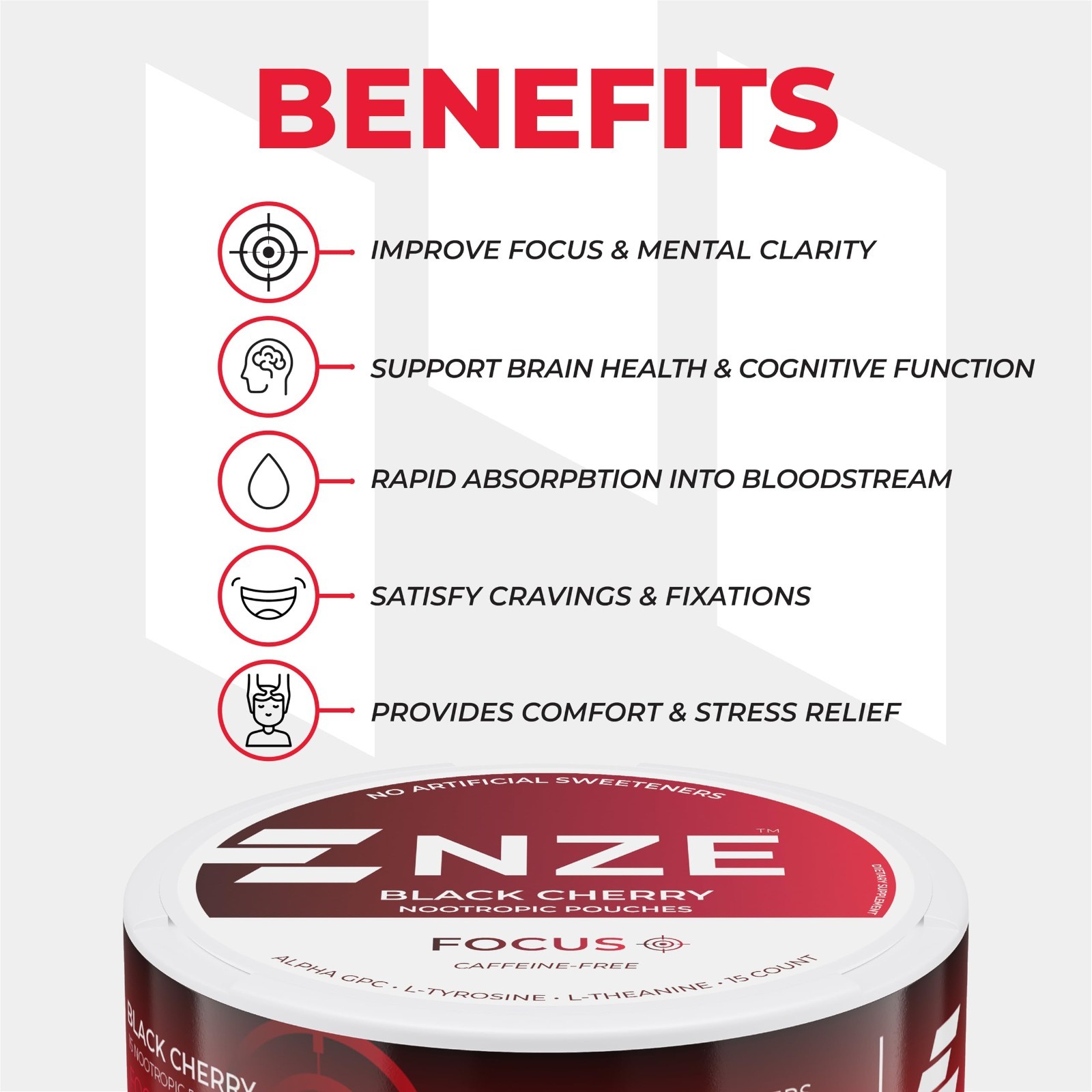 Caffeine-Free Nootropic Pouches – Black Cherry Flavor, Alpha GPC, L-Tyrosine, L-