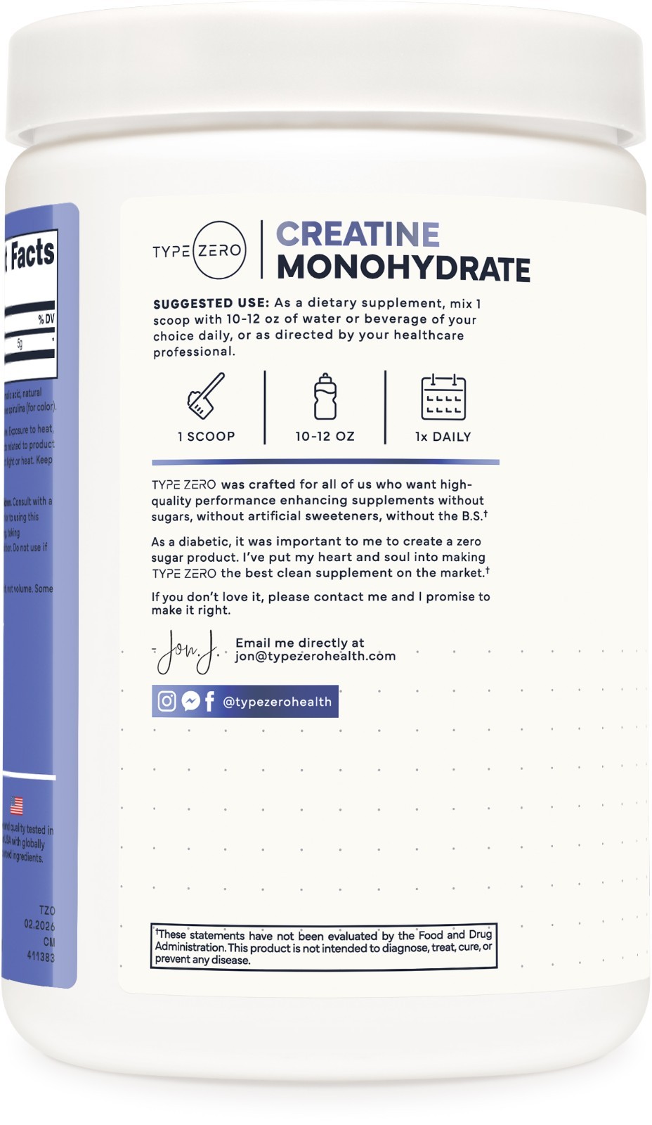 TypeZero Creatine Monohydrate Powder 500 Grams, Blue Raspberry Flavor