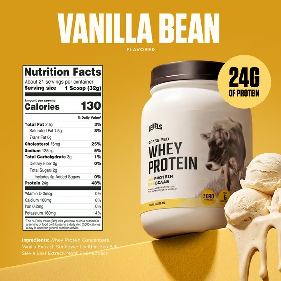 Levels Grass Fed Whey Protein Powder, 24G of Protein, Vanilla Bean