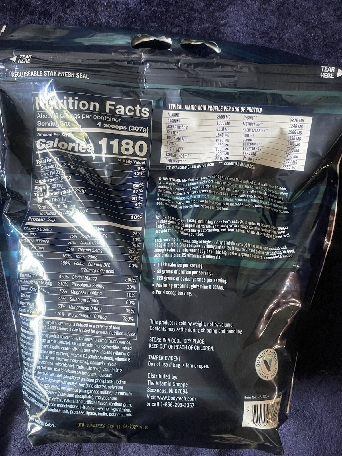 Bodytech Prime Mass VANILLA High Protein Weight Gainer 12 lb Bag Exp. 11/4/27