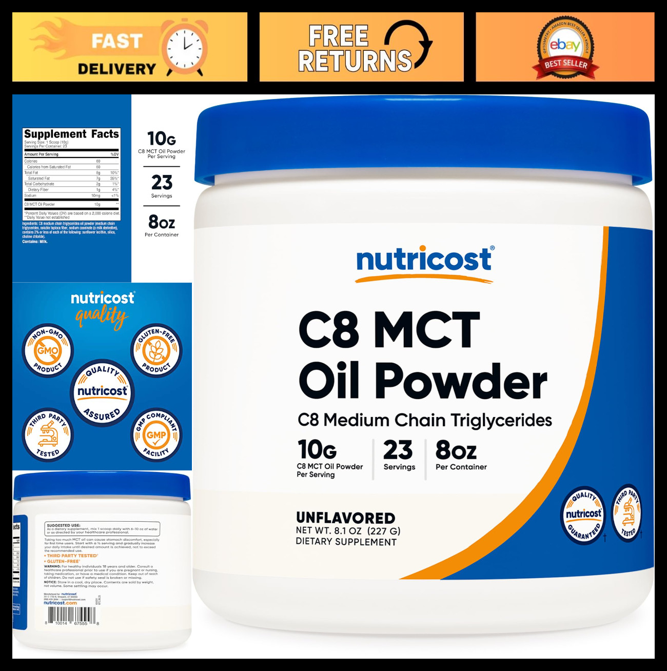 C8 MCT Oil Powder – 95% Pure, 23 Servings (8oz) – Keto-Friendly, Energy Boost