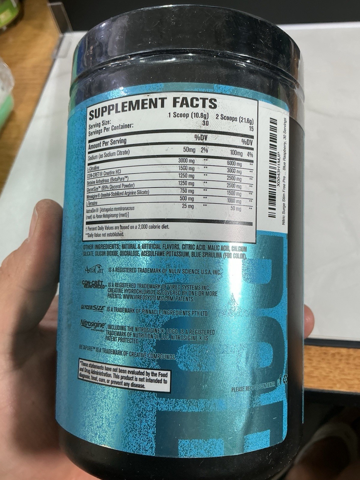 Nitric Surge Stim Free pre Workout Blue Raspberry 11.42oz 5/26