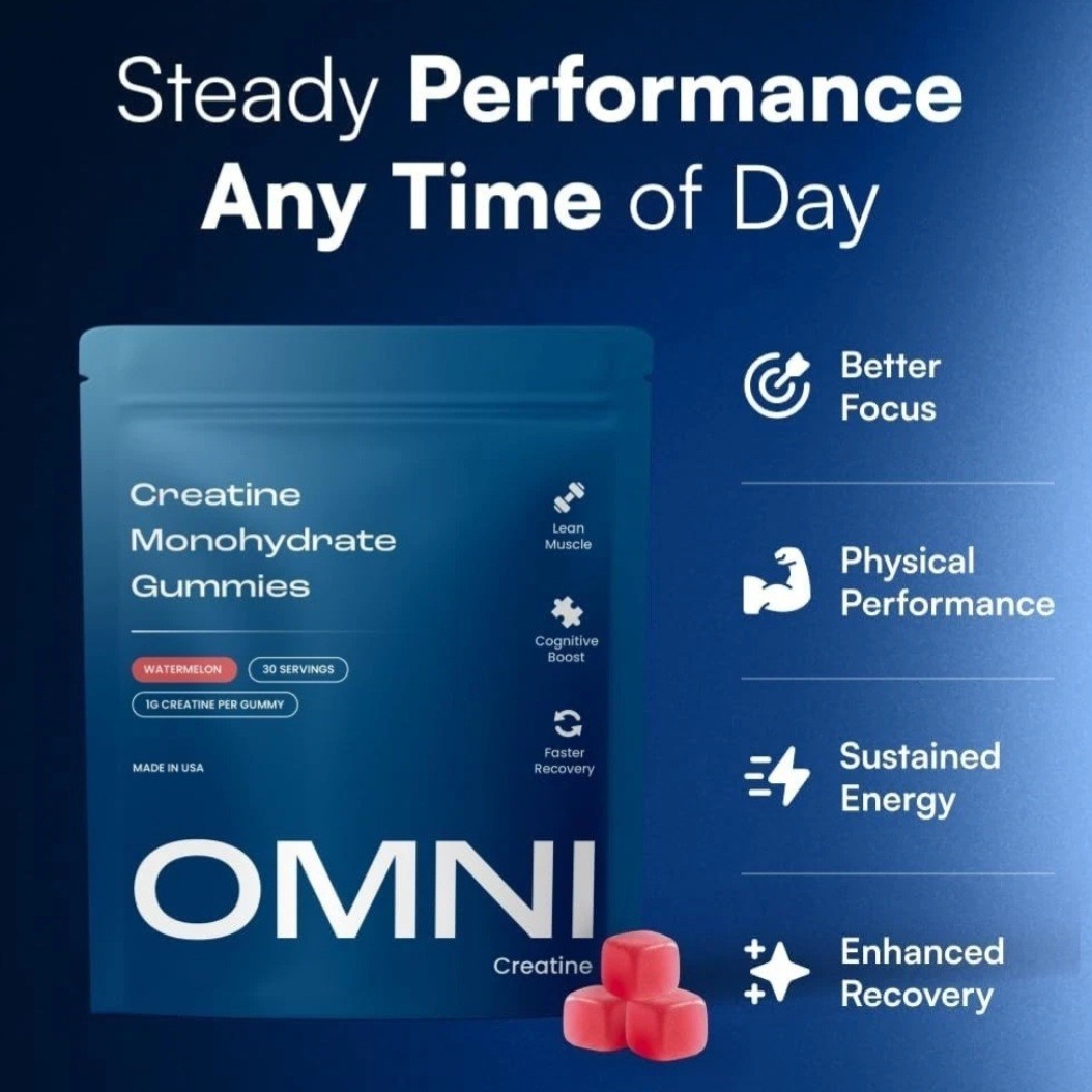 OMNI Creatine Monohydrate Gummies Muscle Growth Support Low Sugar Watermelon 90c