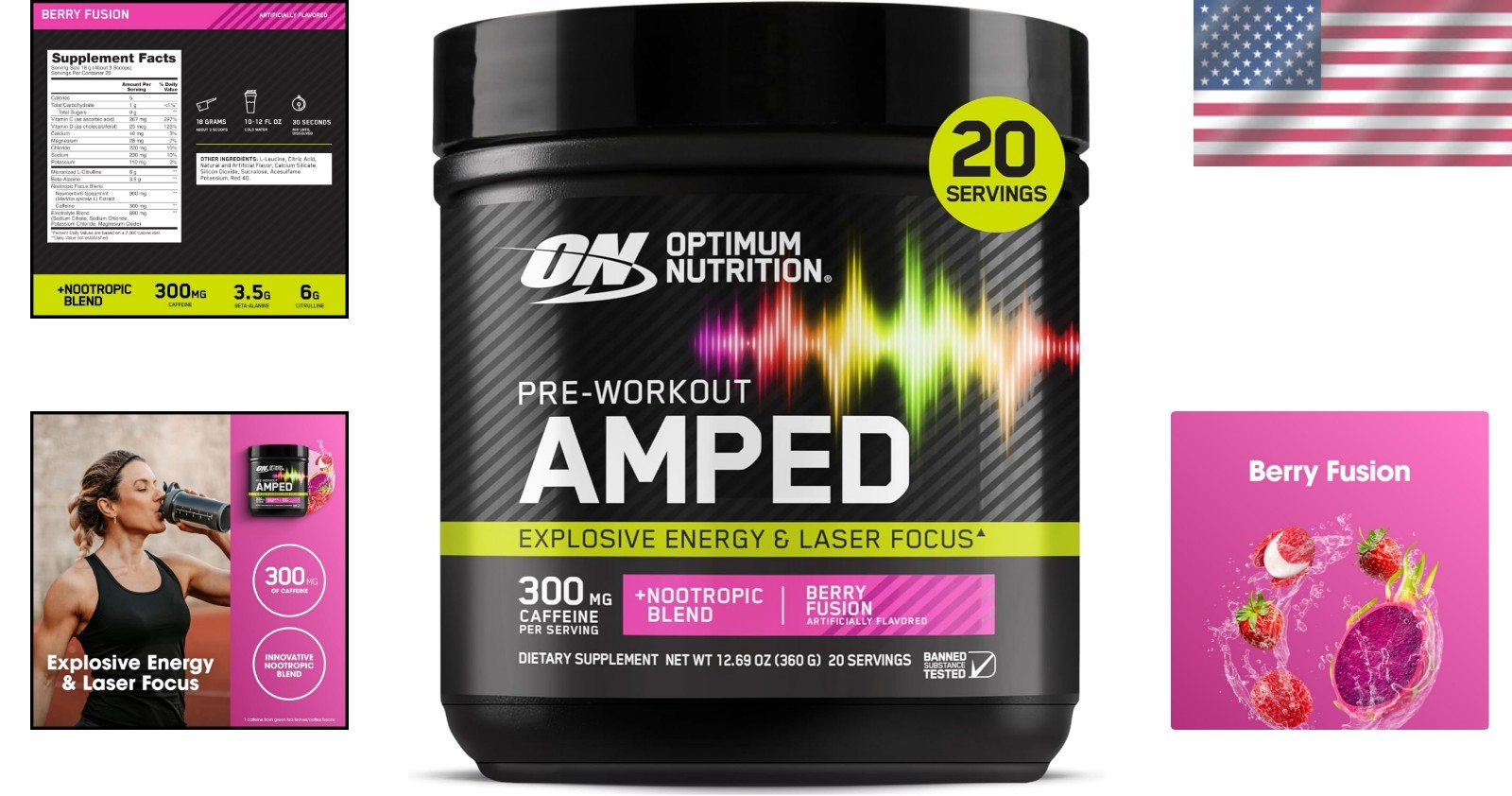 Amped Pre-Workout Powder – Berry Fusion, 20 Servings with Citrulline & Caffeine