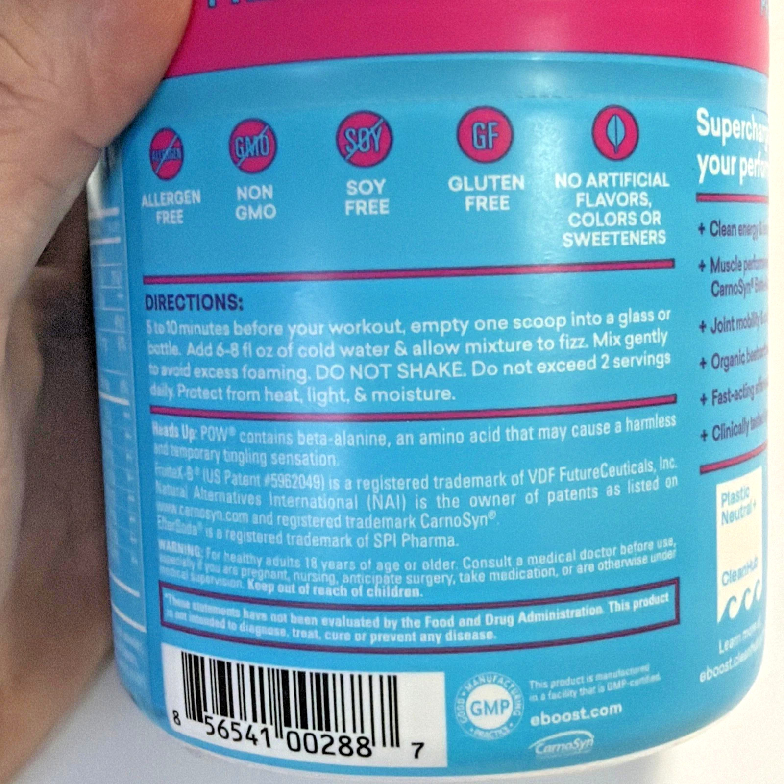 EBOOST POW Natural Pre Workout Powder, Blue Raspberry, Energy Support, 20 Servs
