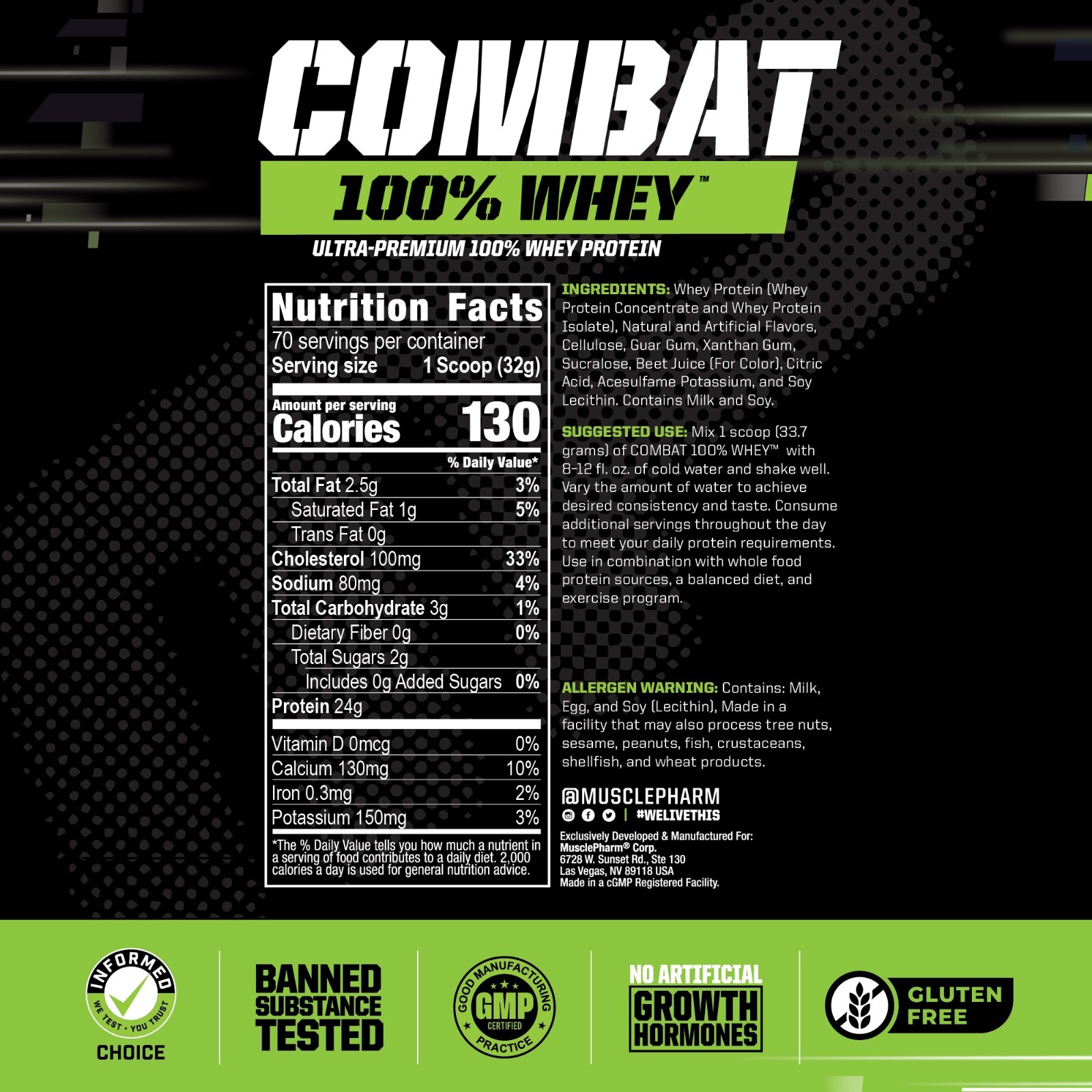 MusclePharm Combat 100% Whey Protein Powder – 5 lb, 70 Servings, Strawberry