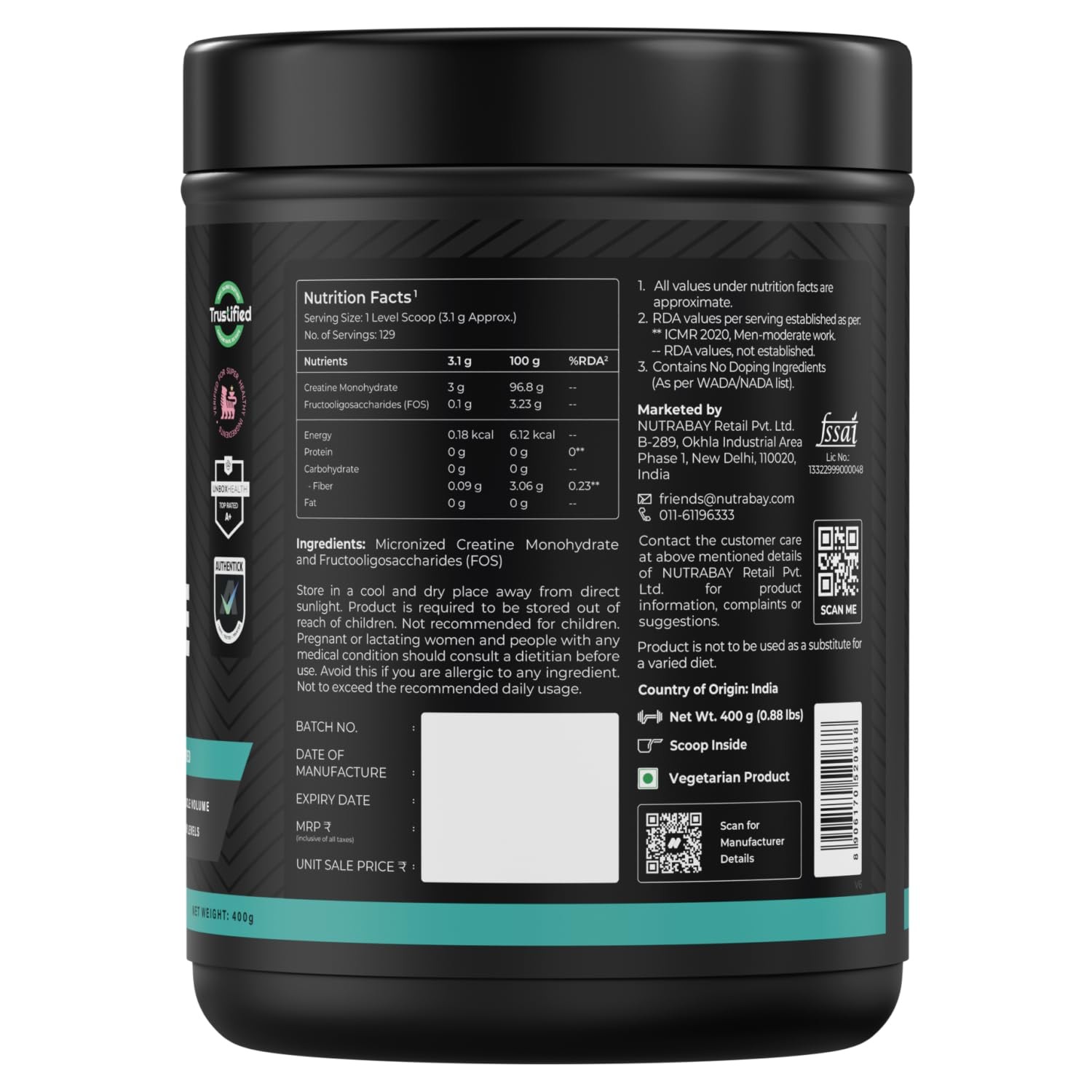 Nutrabay Pure Micronised Creatine Monohydrate 400g – 3000mg/Serving, Unflavoured