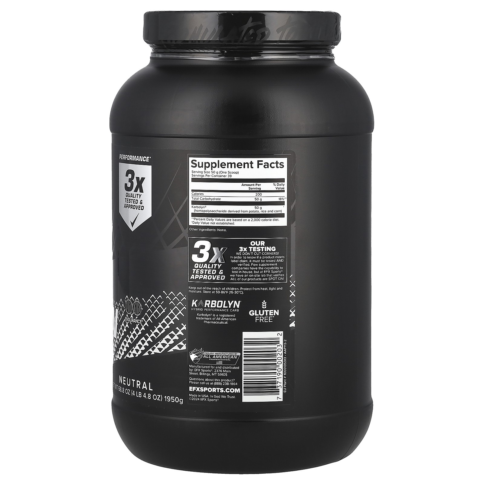 EFX Sports Karbolyn Fuel Neutral 68 8 oz 1950 g Gluten-Free, Informed Sport,