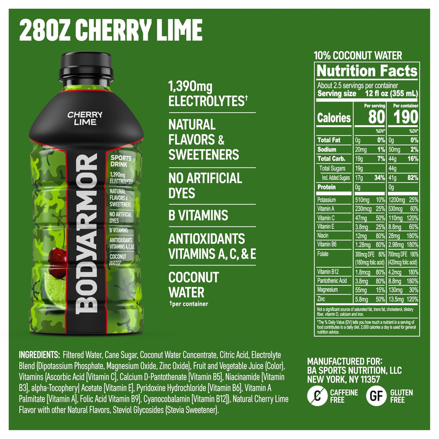 BODYARMOR Cherry Lime Sports Drink, Electrolyte Hydration, 15 Pack 28 Fl Oz