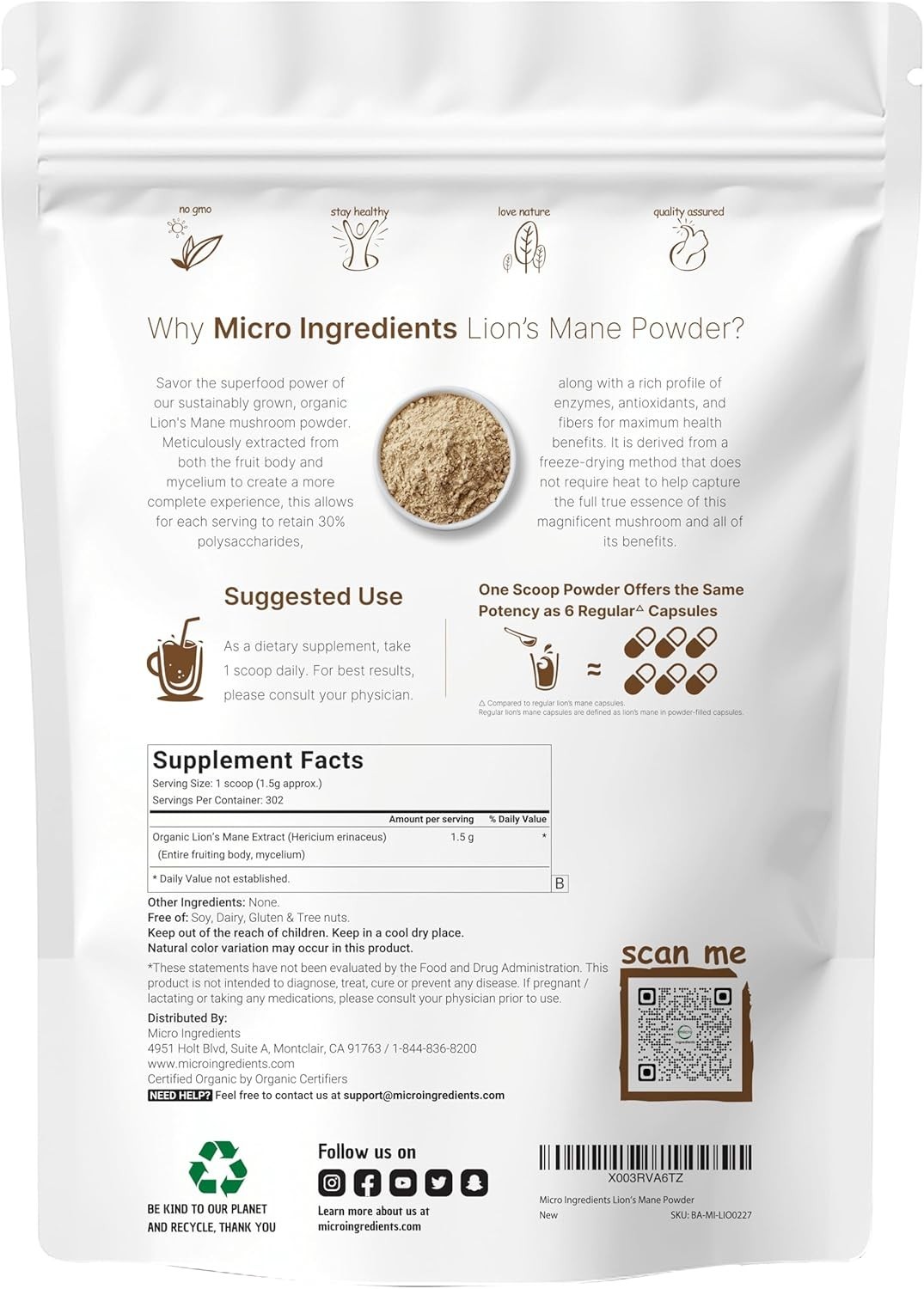 Micro Ingredients Organic Lion??s Mane Mushroom Powder Pure Fruiting Superfood
