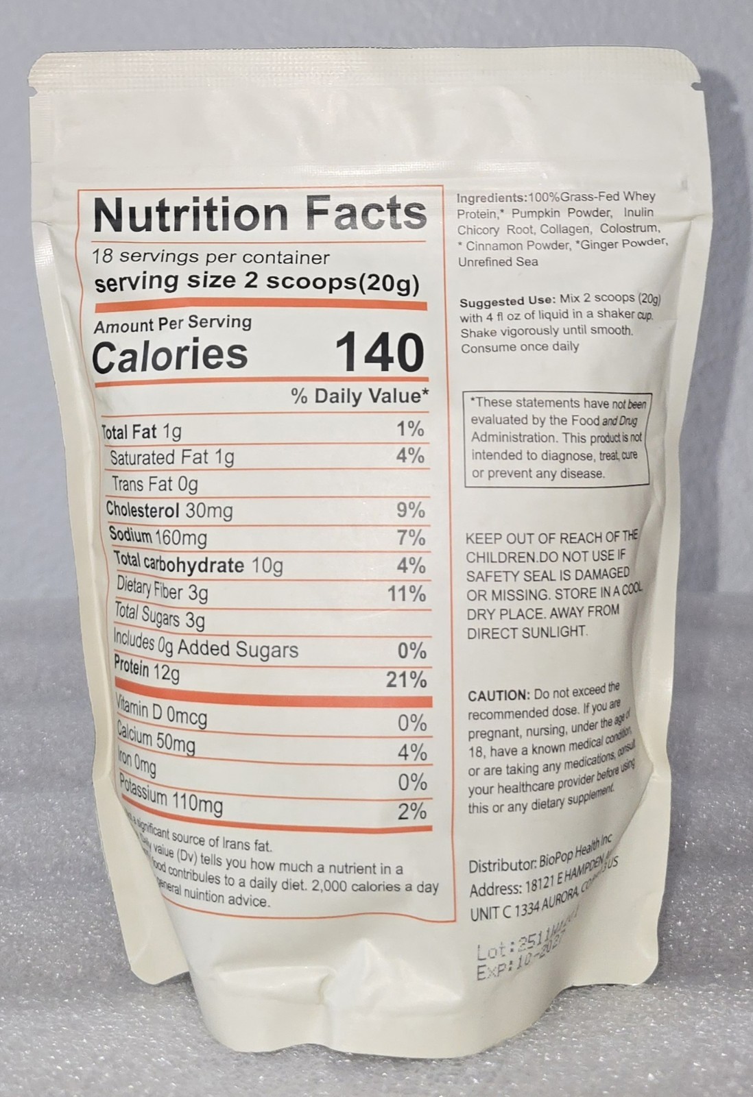 Farmer Protein Bovine Colostrum Powder Pumpkin Pie Flavor 12.7oz Bag EXP 10/2027