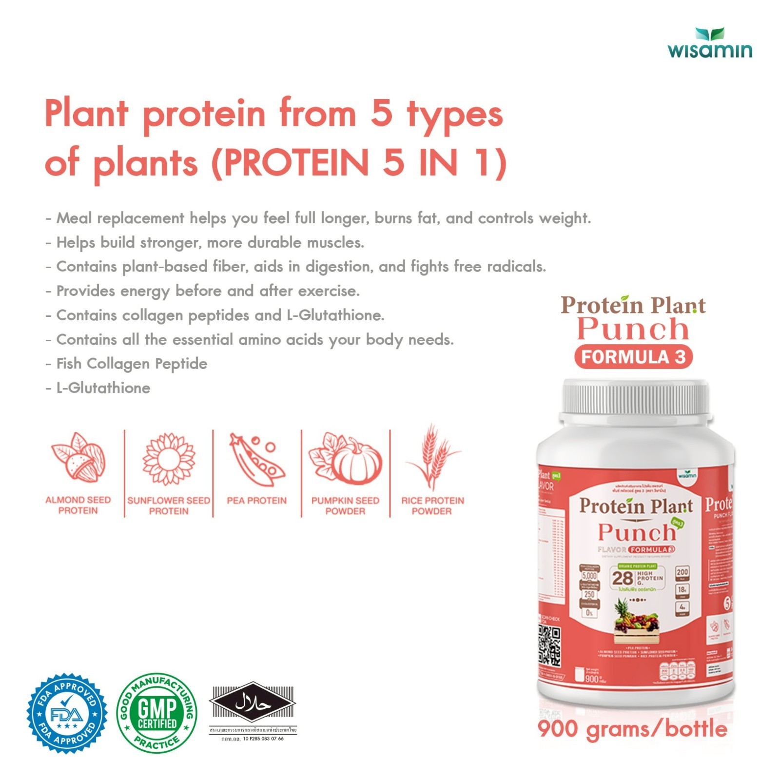 WISAMIN Plant Protein Punch Flavor F3 | 900g 2LB | Organic, Gluten-Free, Non-GMO