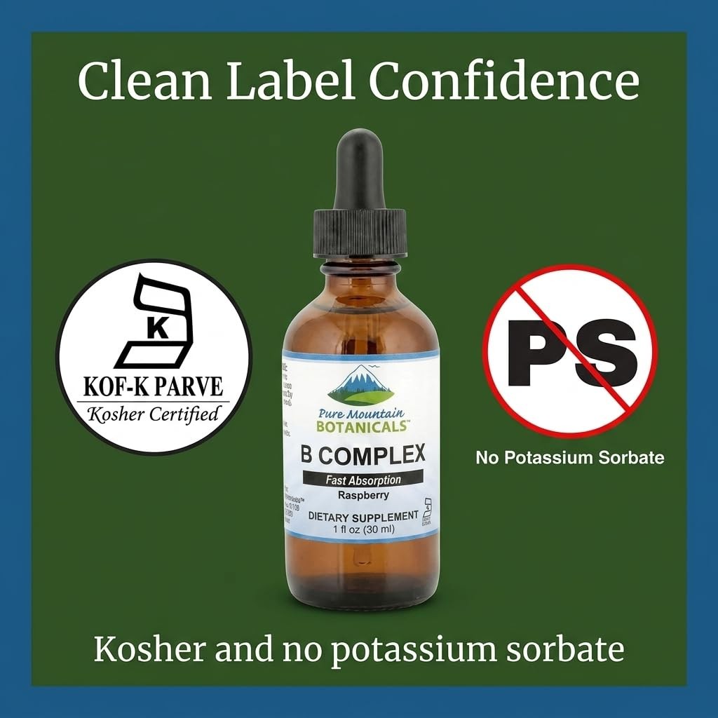 Pure Mountain Botanicals Liquid Vitamin B Complex – B12 B6 Drops – Raspberry