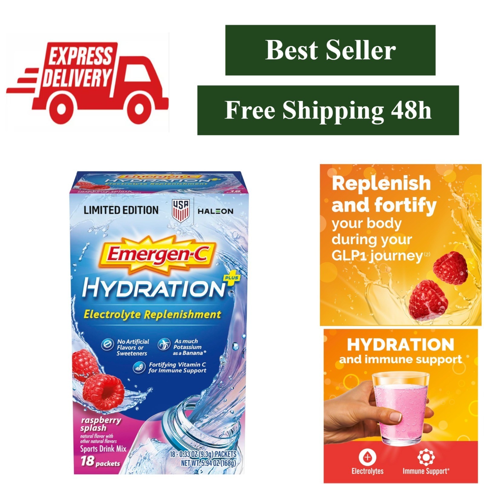 Emergen-C Hydration+ Vitamin C Sports Drink Mix, Raspberry, 18 Packets