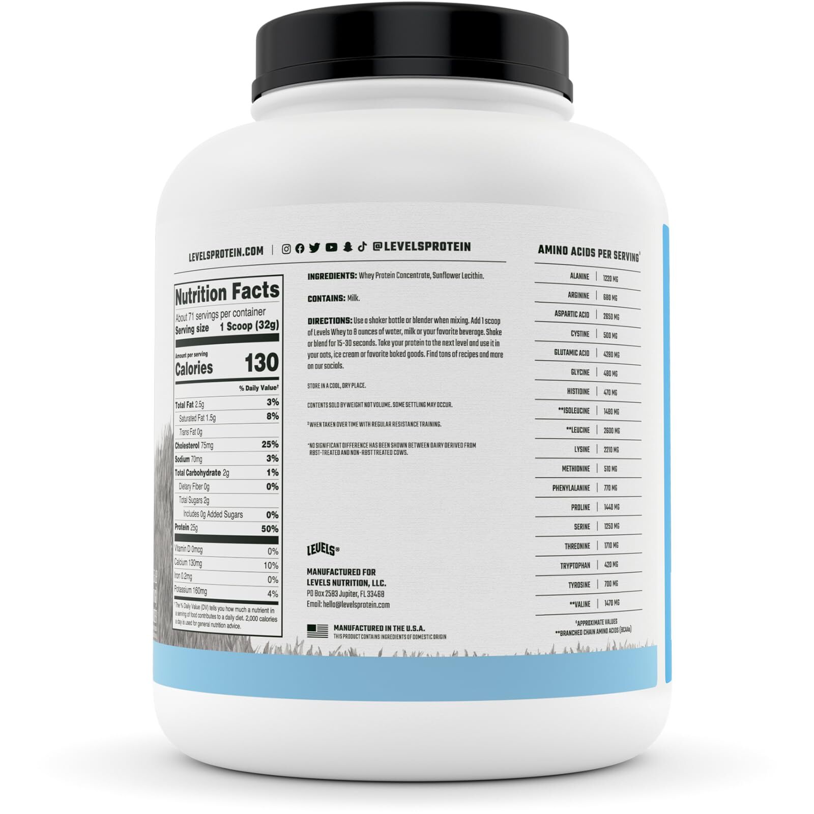Levels Whey Protein Powder 71 Servings 25g Protein Unflavored Gluten Free