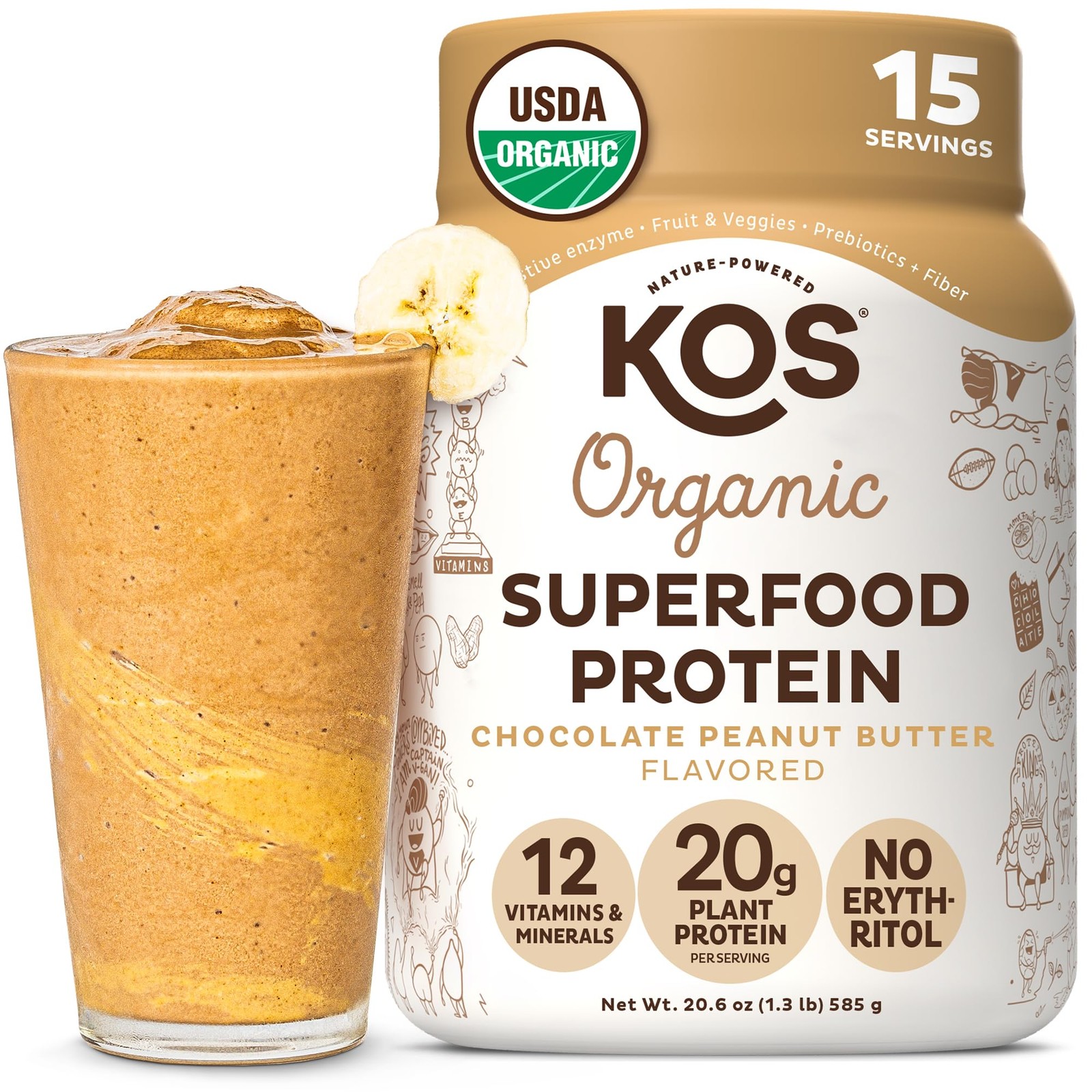 KOS Organic Plant Based Protein Powder, 20.6 Ounce (Pack of 1), No Color