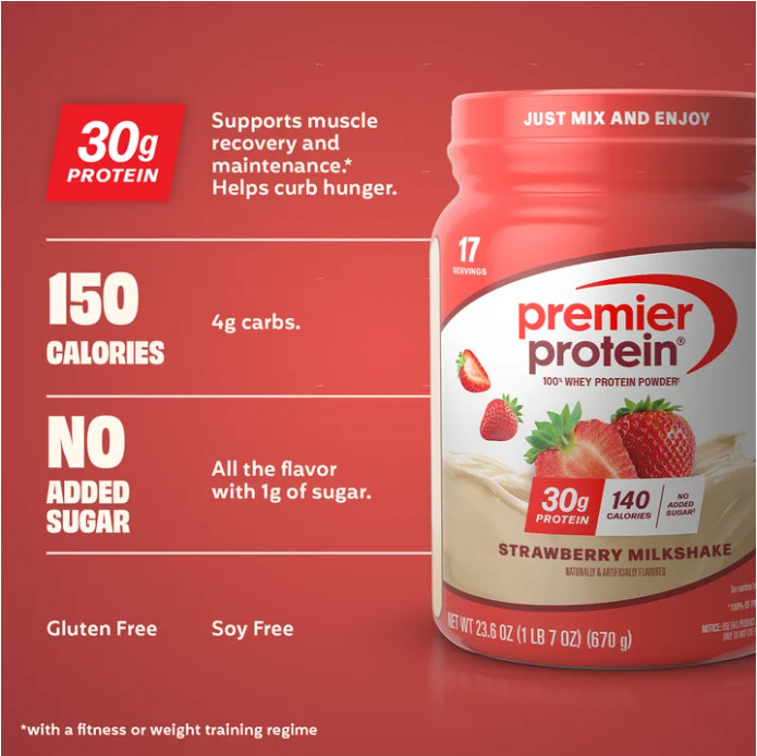 Premier Protein 100% Whey Protein Powder, Strawberry Milkshake, 1.7 lb
