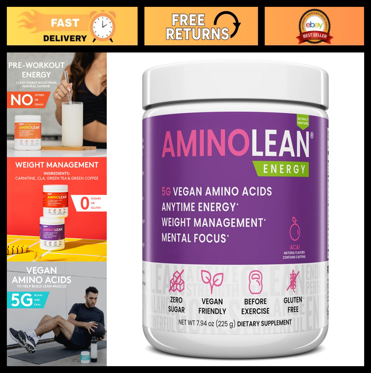 Natural Pre Workout Powder & Amino Energy | Vegan BCAA + EAA | Jitter-Free Energ