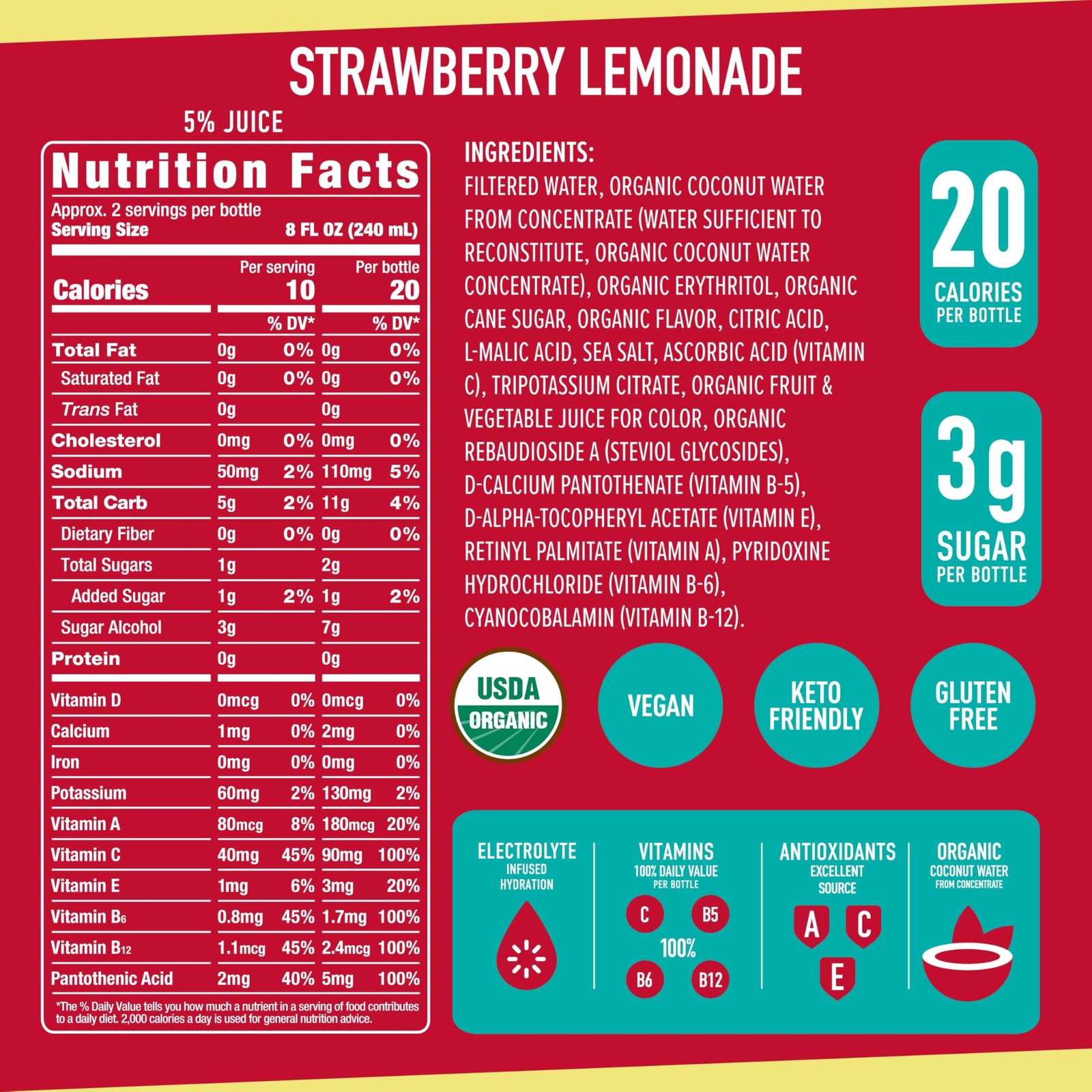 Organic Cranberry Coconut Water Hydration Drink 18 Fl Oz Pack of 12