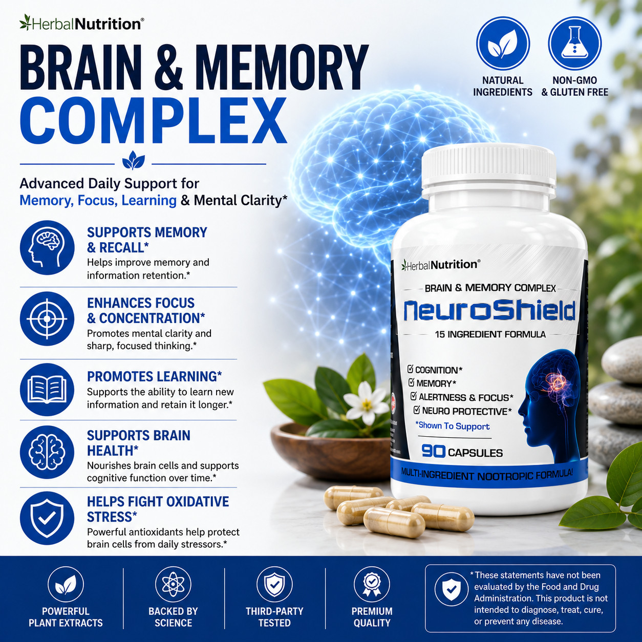 Brain Booster Supplement Memory, Focus, Bacopa, Huperzine & More 90 Caps 3 Pack
