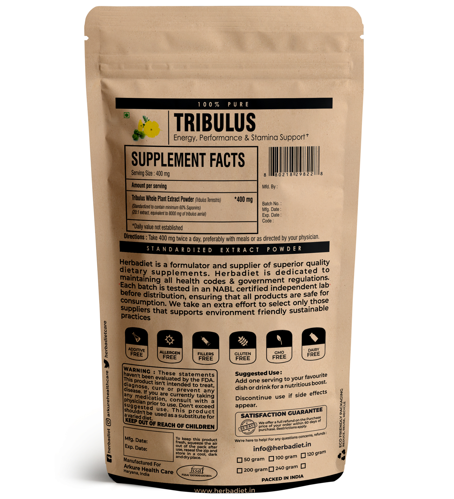 Strong Tribulus Terrestris Extract Powder 60% Saponins Muscle Booster 100g
