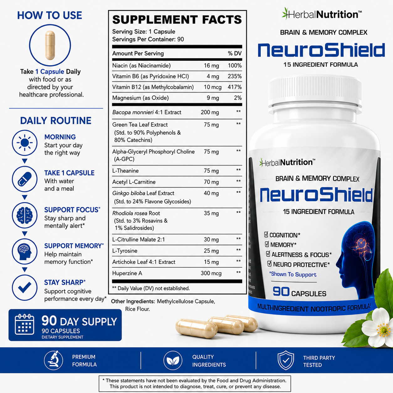 Brain Booster Supplement Memory, Focus, Bacopa, Huperzine & More 90 Caps 3 Pack