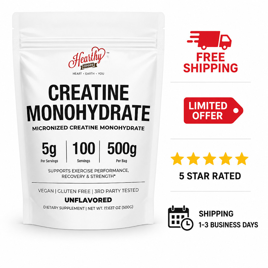 HEARTHY FOODS Creatine Monohydrate Micronized Powder 500G – 100 Servings, 5000mg