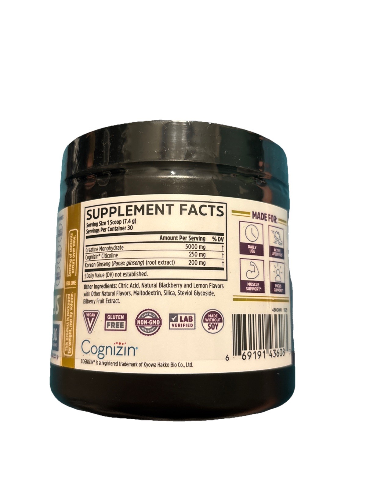 Zhou Creatine Calm & Focus Powder BlackBerry Lemon 30 Servings 7.8 Oz
