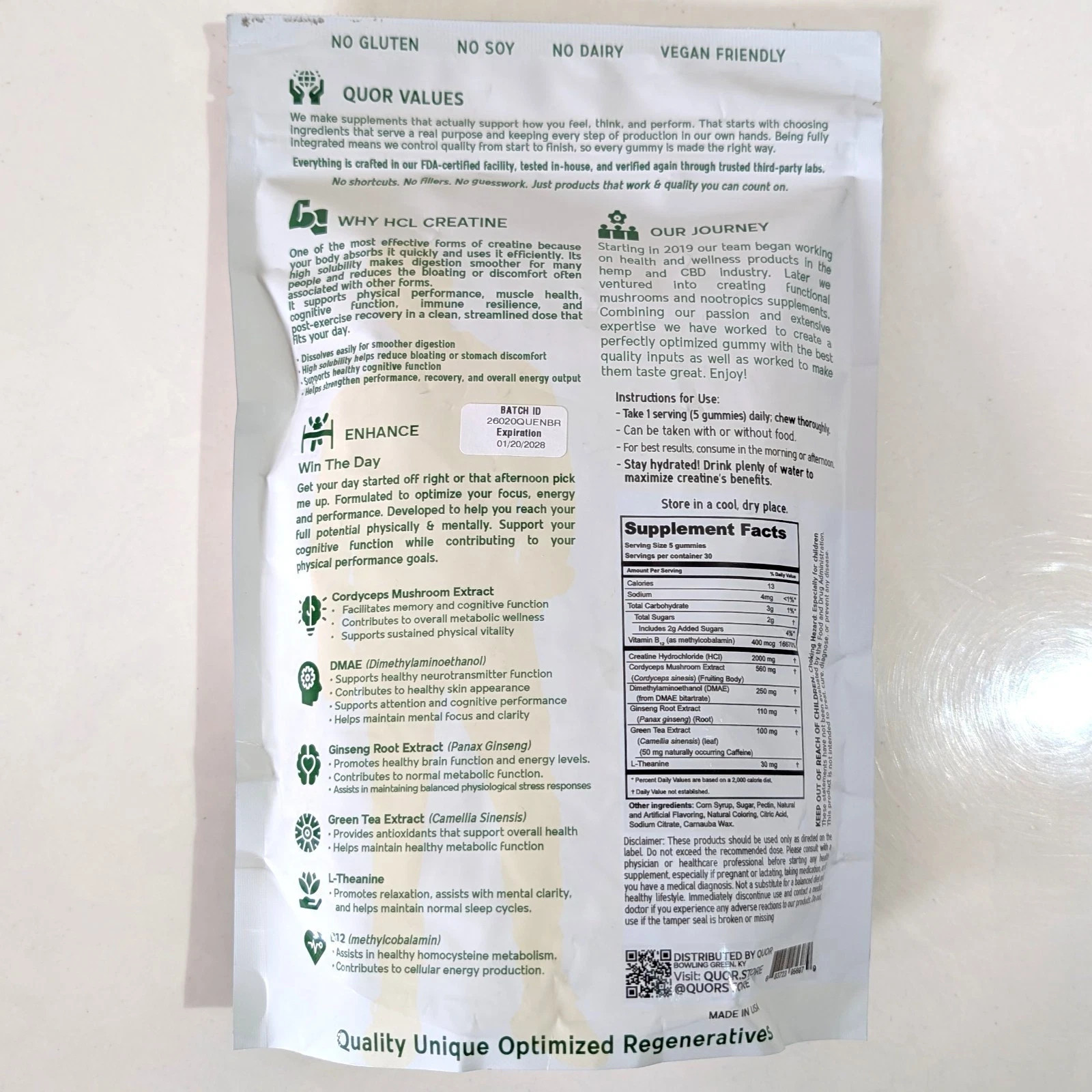 Vegan Nootropic Creatine HCl w/ Cordyceps L-Theanine DMAE B12 Etc : 150 GUMMIES