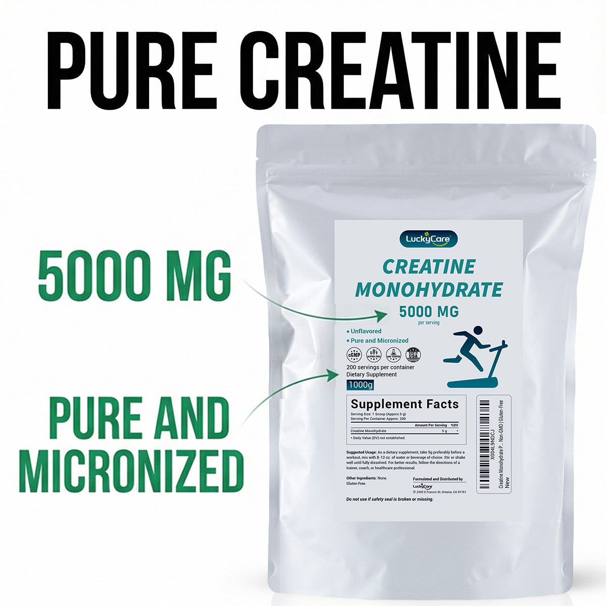 Creatine Monohydrate 100% Pure Powder 1000g (2.2 lb) Micronized 5g 200 Servings