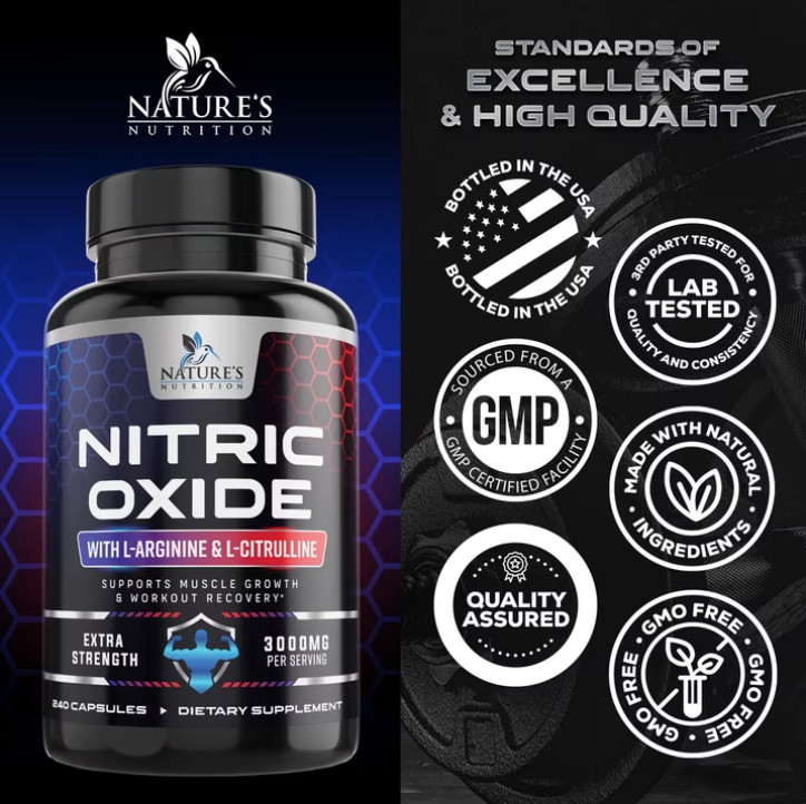 Nitric Oxide Booster 3000mg L-Arginine 3X Extra Strength Capsules