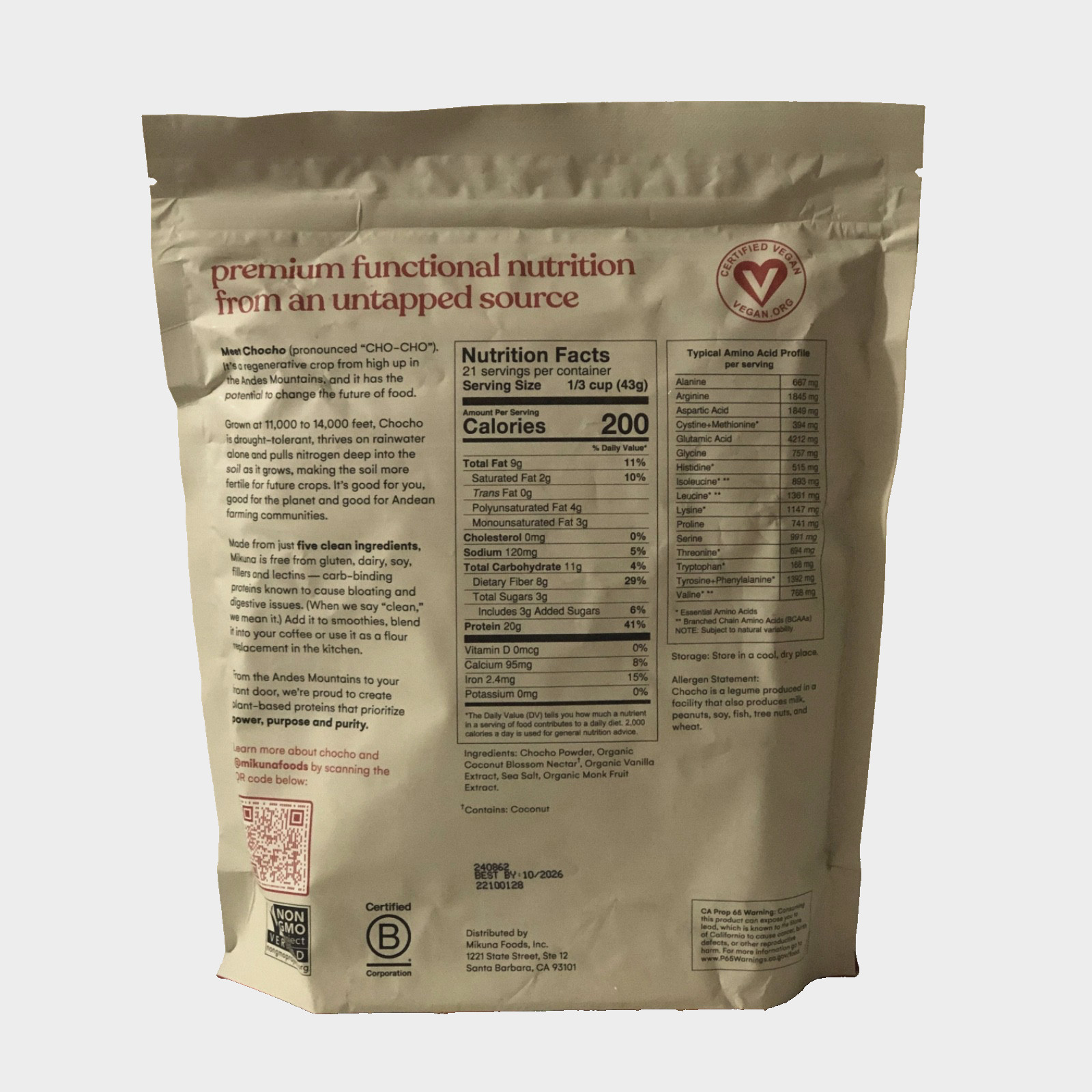 Mikuna Vegan Protein Powder Chocho, Complete Protein,5Clean Ingredients, 31.9 Oz
