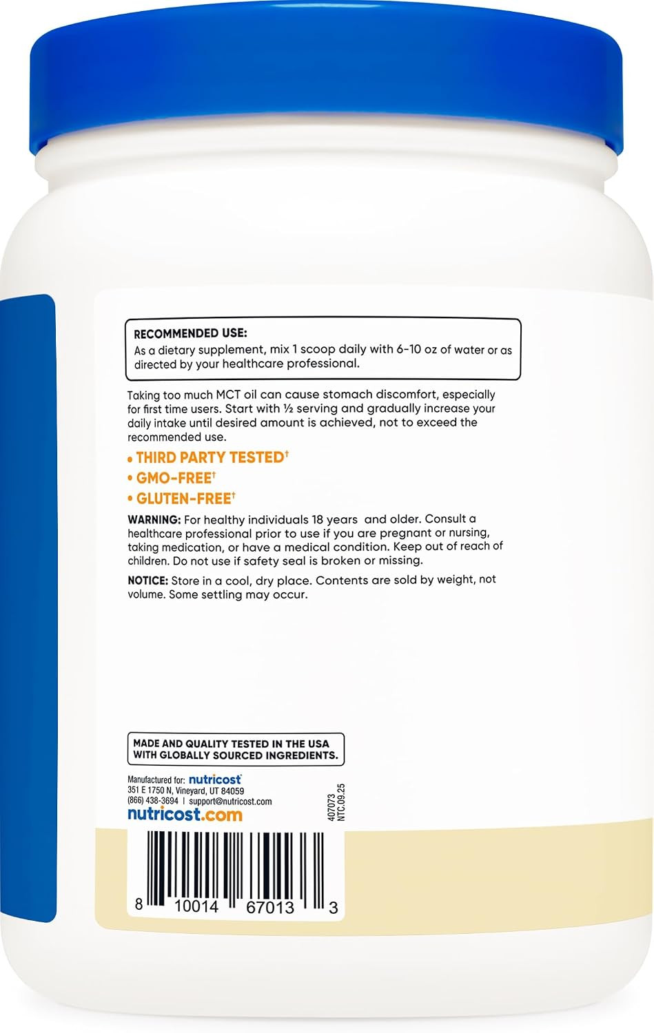 C8 MCT Oil Powder 1LB (16Oz) Vanilla Flavor C8 MCT Oil Powder Best for Keto Diet