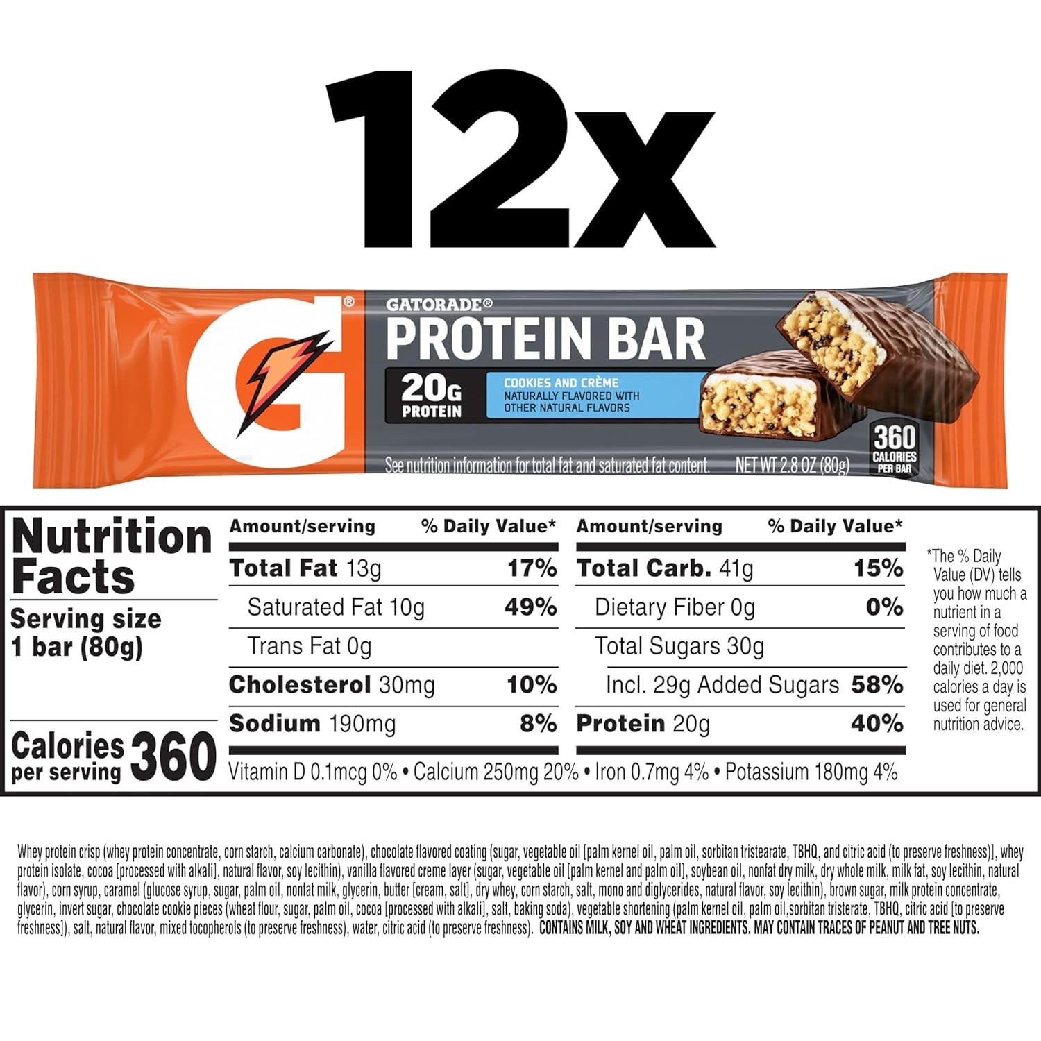 Cookies N Crème Whey Protein Bar Refuels Energy & Rebuilds Muscle 2.8oz (12-pk)