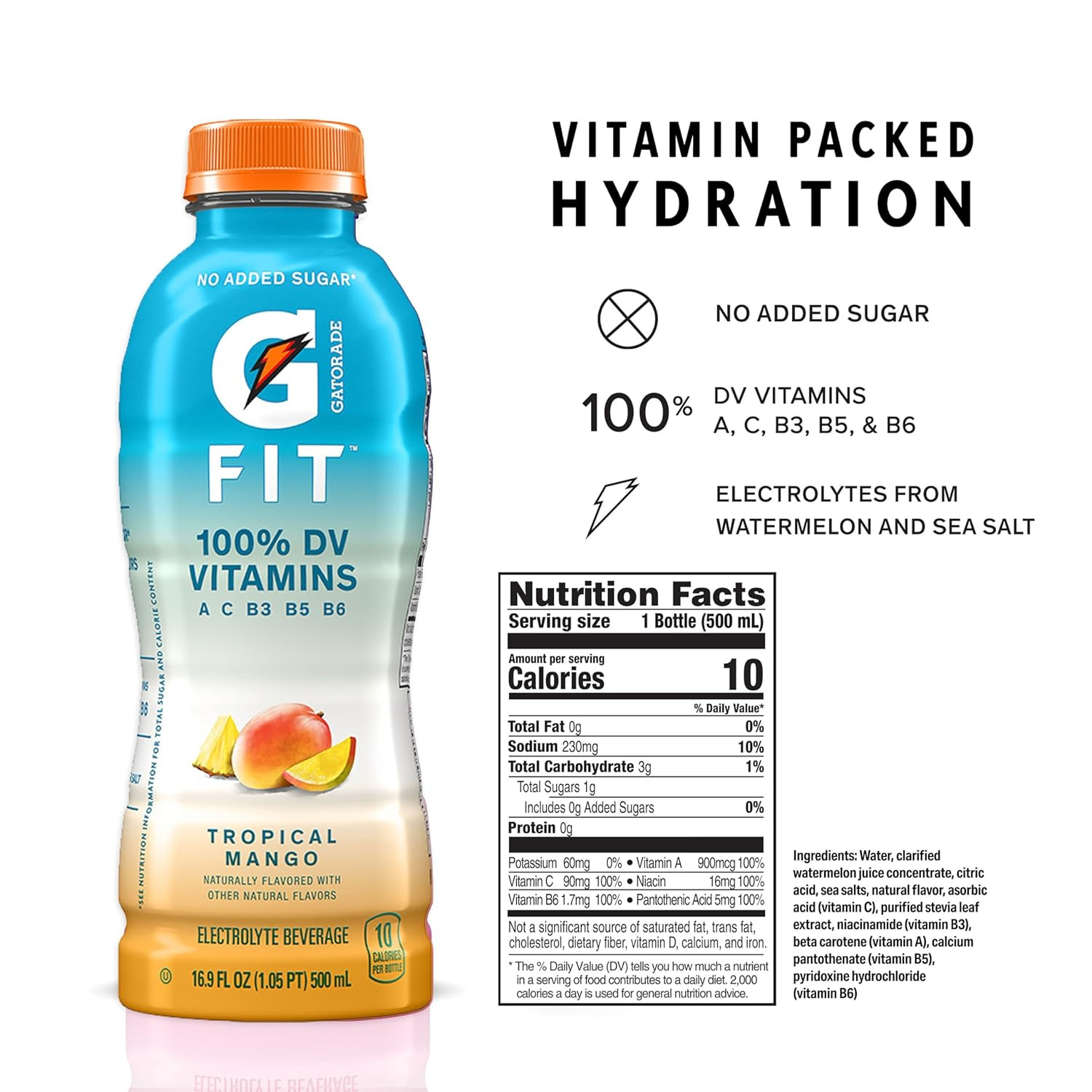 Gatorade Fit Electrolyte Beverage, Tropical Mango, 12 Pack of 16.9oz Bottles