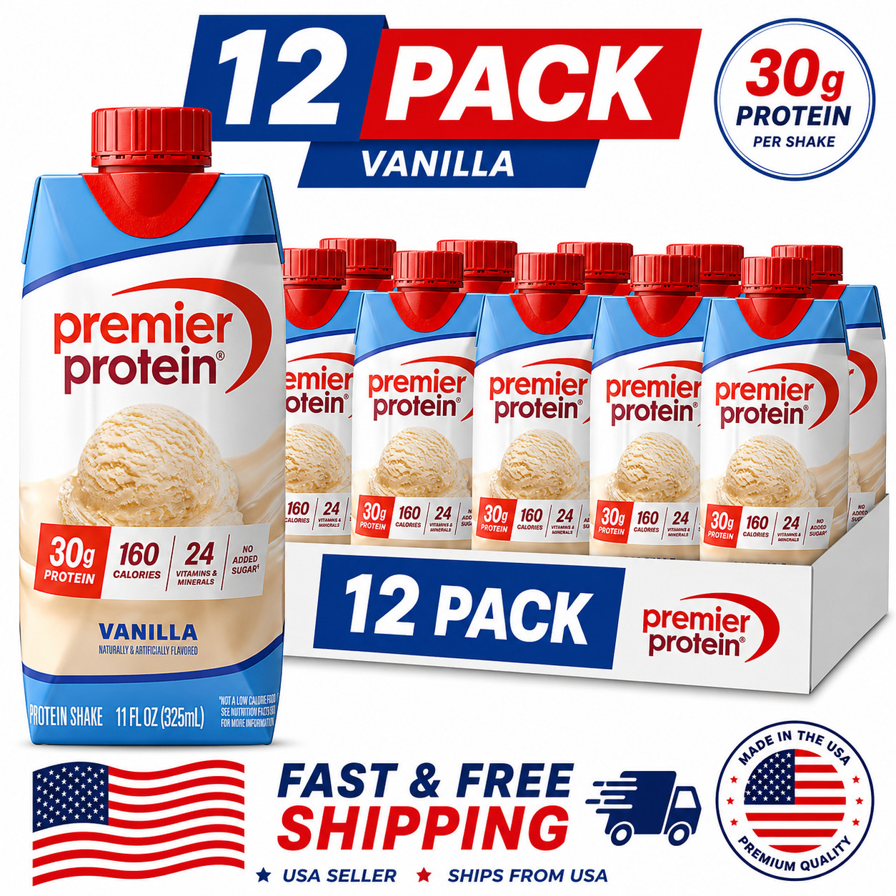 High Protein Vanilla Protein Shake 30g Ready Drink 12 Pack 11 oz Free Shipping