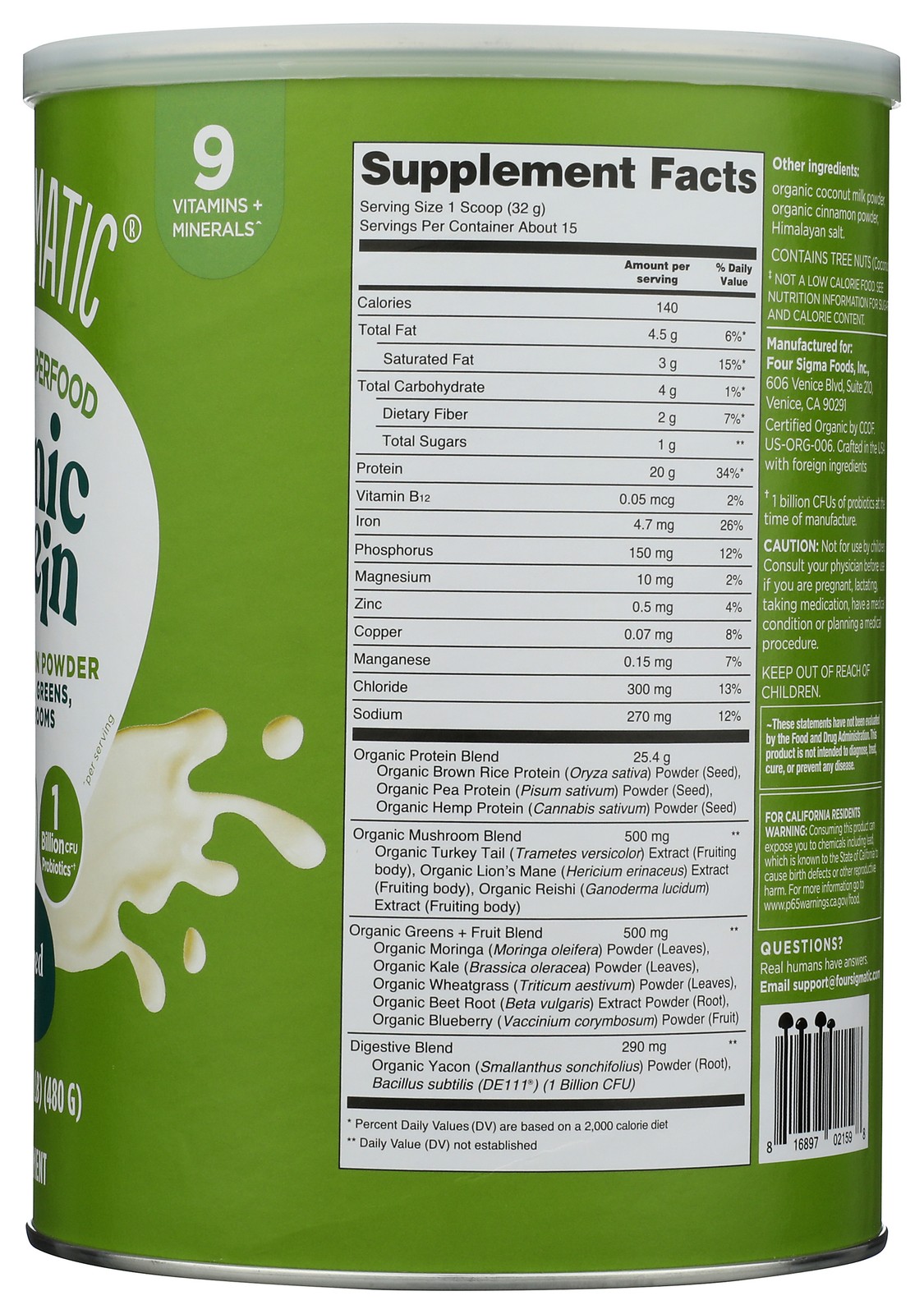 Four Sigmatic Plant Based Protein Powder Organic Unflavored 16.9Oz 16.9 1 Pack