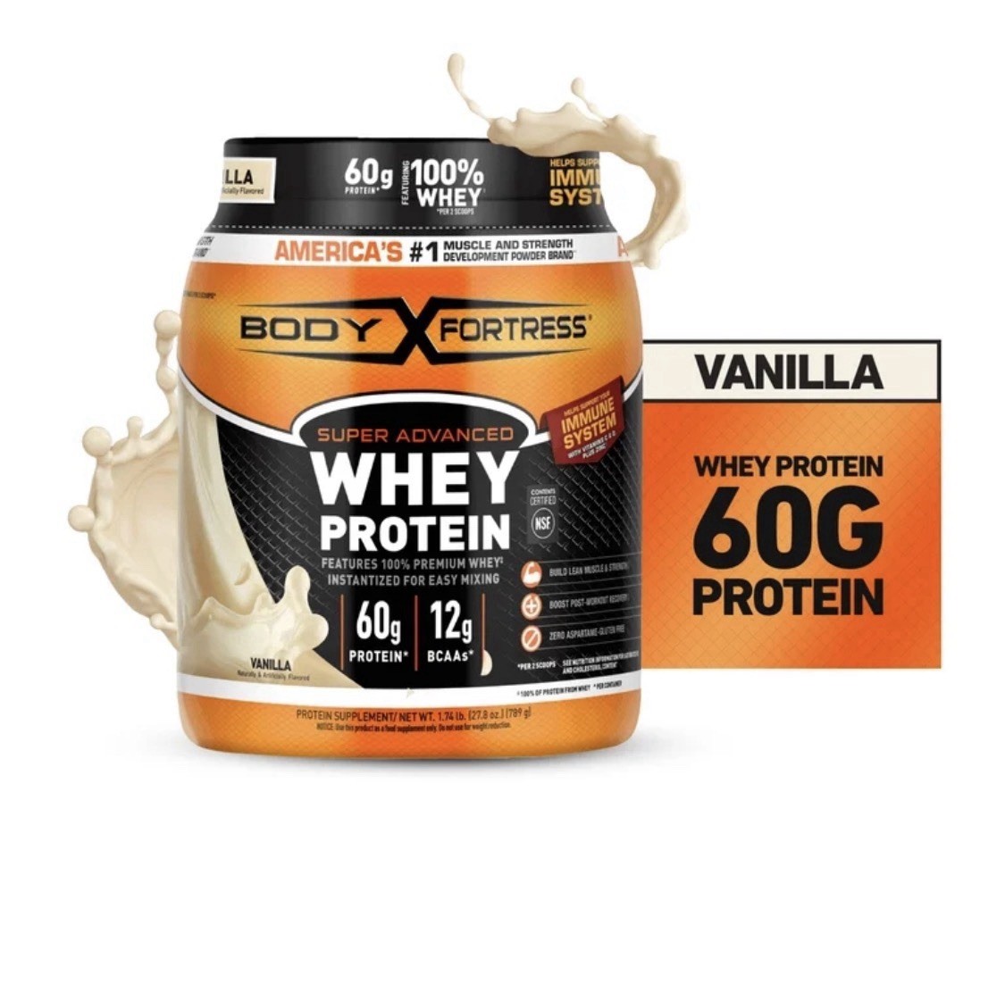 Body Fortress Super Advanced Whey Protein Powder Vanilla Gluten-Free 1.74 lb