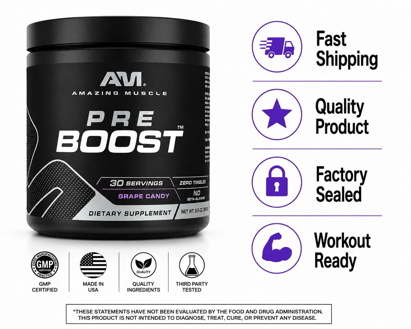 Amazing Muscle Pre Boost Pre Workout Grape Candy 30 Servings Energy Powder