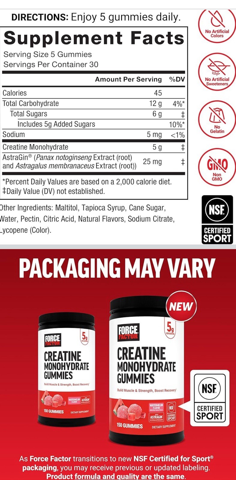 Force Factor Creatine Monohydrate Gummies Blue Raspberry 150ct 5g NSF Sport