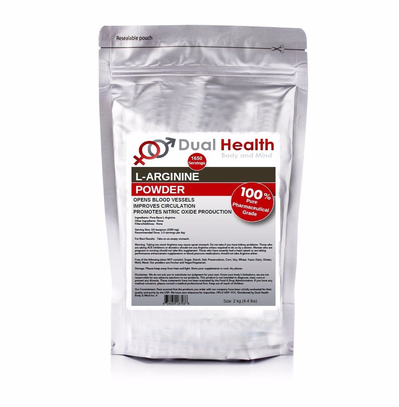 L-ARGININE 2kg (4.4 lbs) Free Form Kosher Base Powder Pharmaceutical Grade