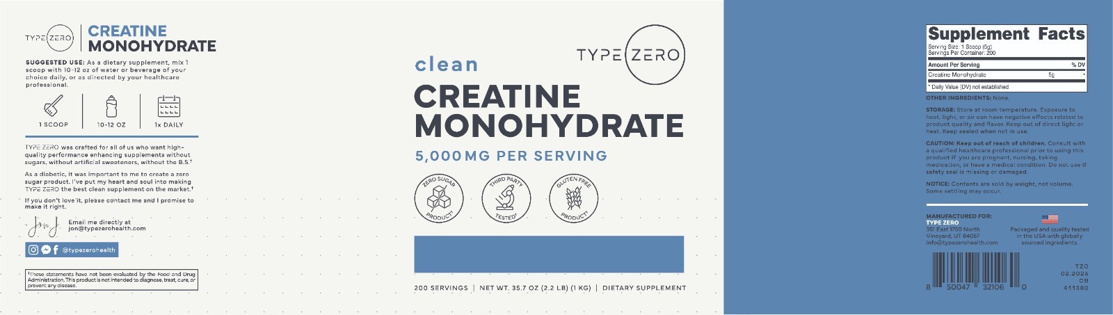 Type Zero Creatine Monohydrate (Unflavored | 1KG), 5000 mg Per Serving