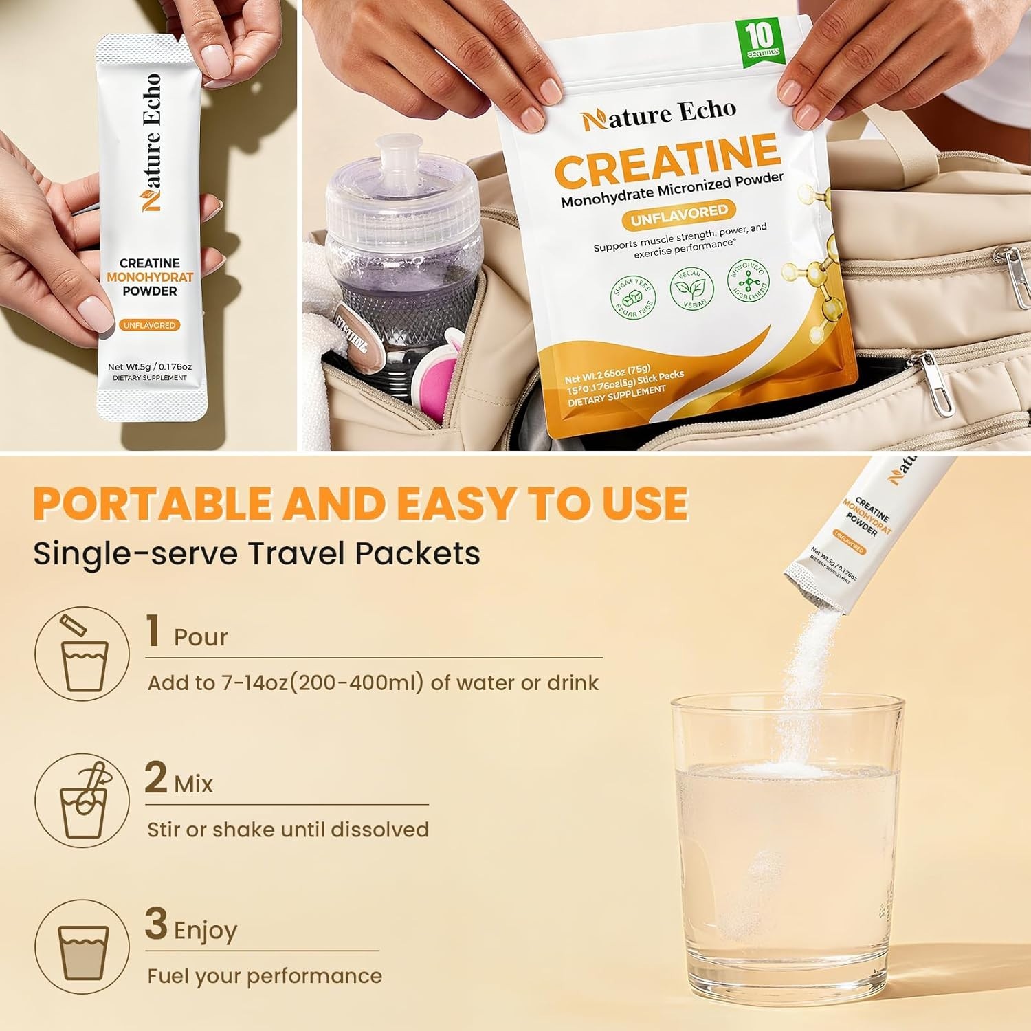 High-Quality Creatine Monohydrate – 10 Travel Packs for On-the-Go Muscle Energy