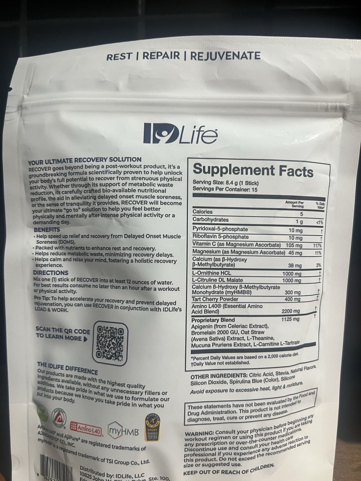 IDLife RECOVER Lemon Lime Chill 15 Sticks + Free HYDRATE Sample New ID Life New!