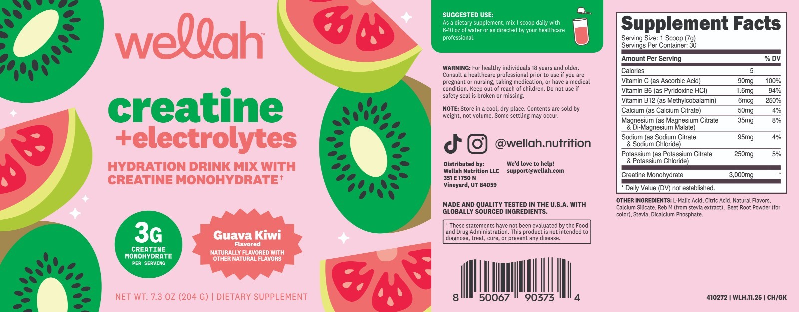 Wellah Creatine + Hydration Powder (Guava Kiwi) 30 Servings – Electrolyte Drink