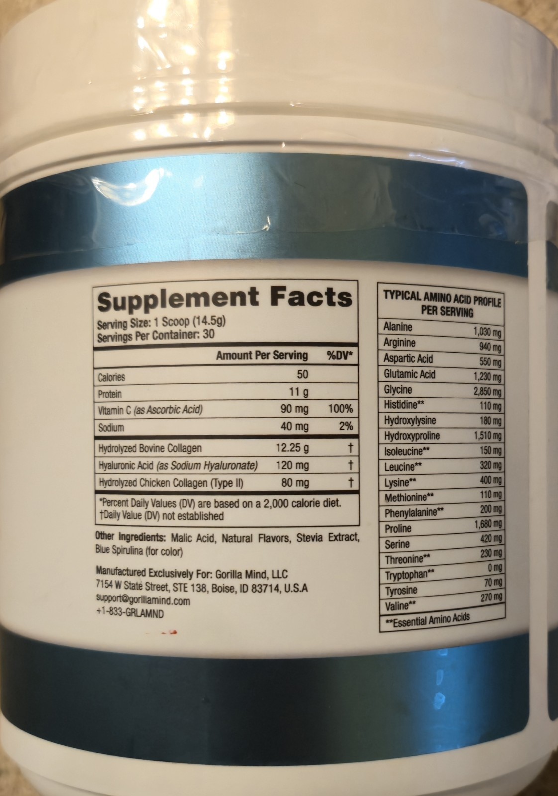 Gorilla Minds COLLAGEN PEPTIDES 1.5 lb (30 Serv) Na Blue Raspberry BEST BY 12/26