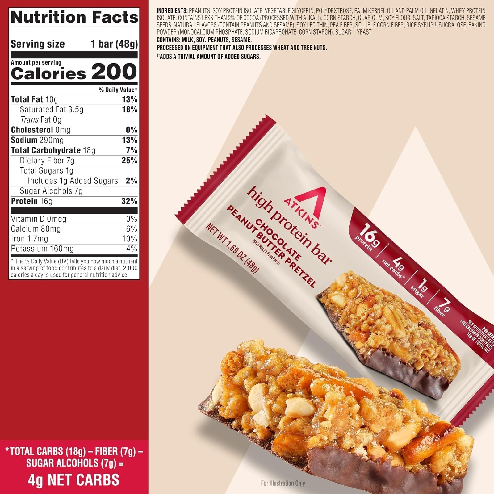 Atkins Chocolate Peanut Butter Pretzel Protein Bar – 16g Protein, Keto Friendly