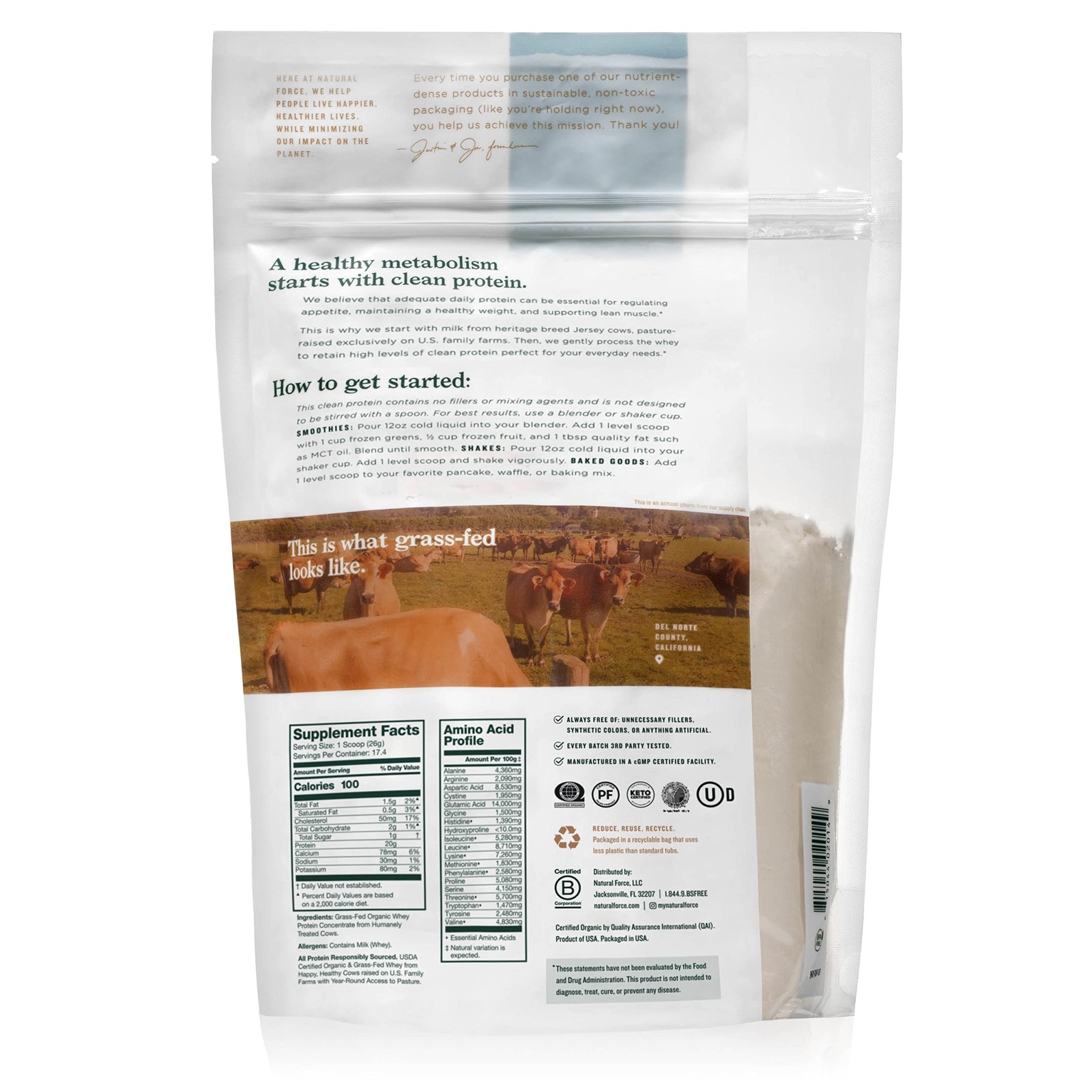Natural Force Grass Fed Organic Whey Protein Powder – Non 1 Pound (Pack of 1)